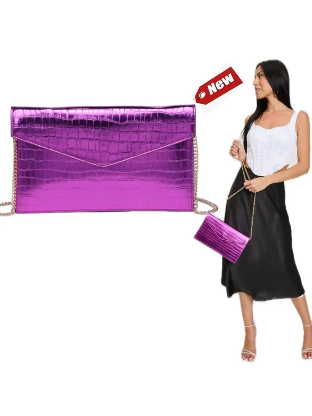 Moda Luxe metallic fuchsia crock embossed Katniss Envelope Clutch Purse NWT
